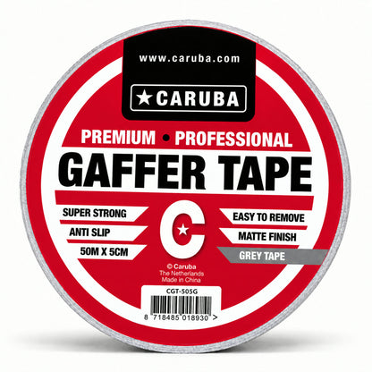Gaffer tape mat Caruba gris 5 cm x 50 m, étiquette Grey Tape de face 