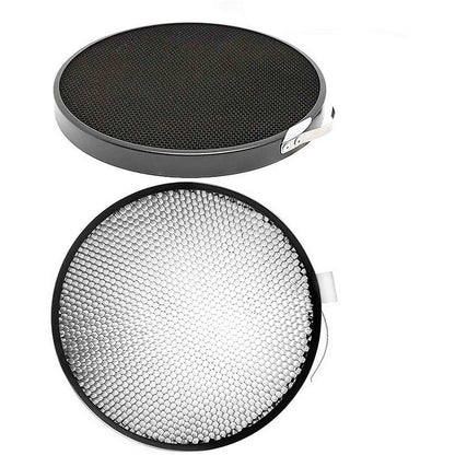 Grille nid d'abeille 21 cm vue de biais et de face, cerclage noir et alvéoles métalliques