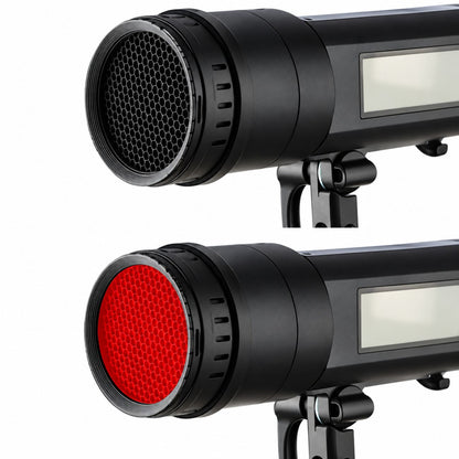 Kit Godox BD-08 sur un AD400Pro, grille nid d'abeille seule puis coiffée du filtre rouge