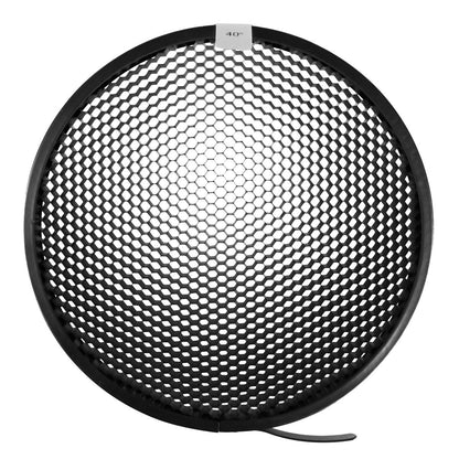 Grille nid d'abeille StudioKing SK-HC18 vue de face, étiquette 40° en haut et clip en bas