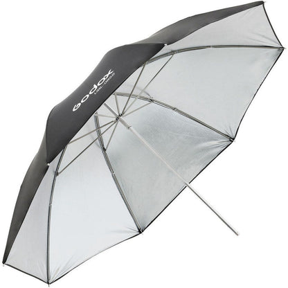 Parapluie argenté Godox présenté dans le visuel du kit 2 flashs portables Godox AD300Pro II