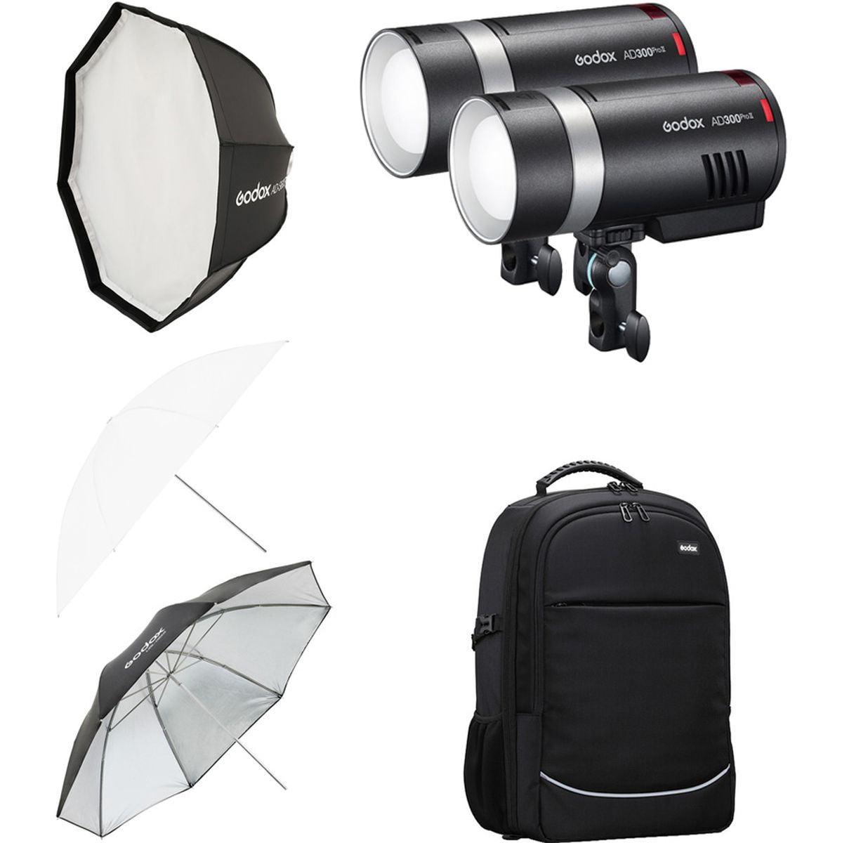 Kit 2 flashs portables Godox AD300Pro II, visuel avec softbox octogonale, deux parapluies et sac à dos