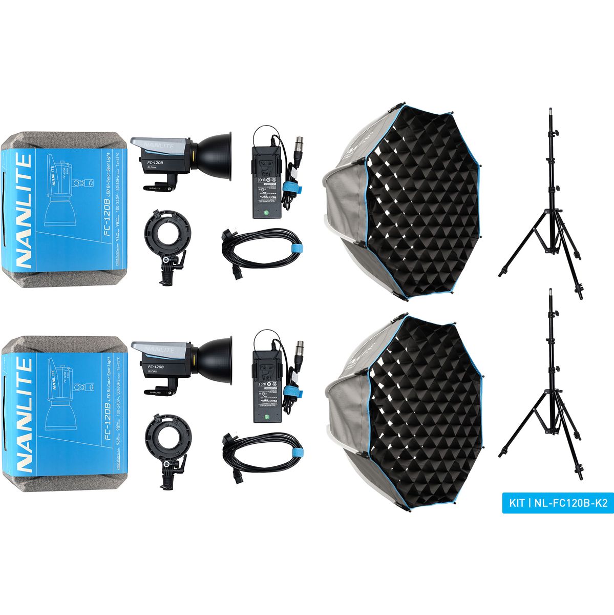 Kit 2 lampes LED Nanlite FC-120B, vue d'ensemble avec pieds et softbox