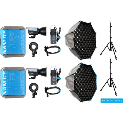Kit 2 lampes LED Nanlite FC-120B, vue d'ensemble avec pieds et softbox