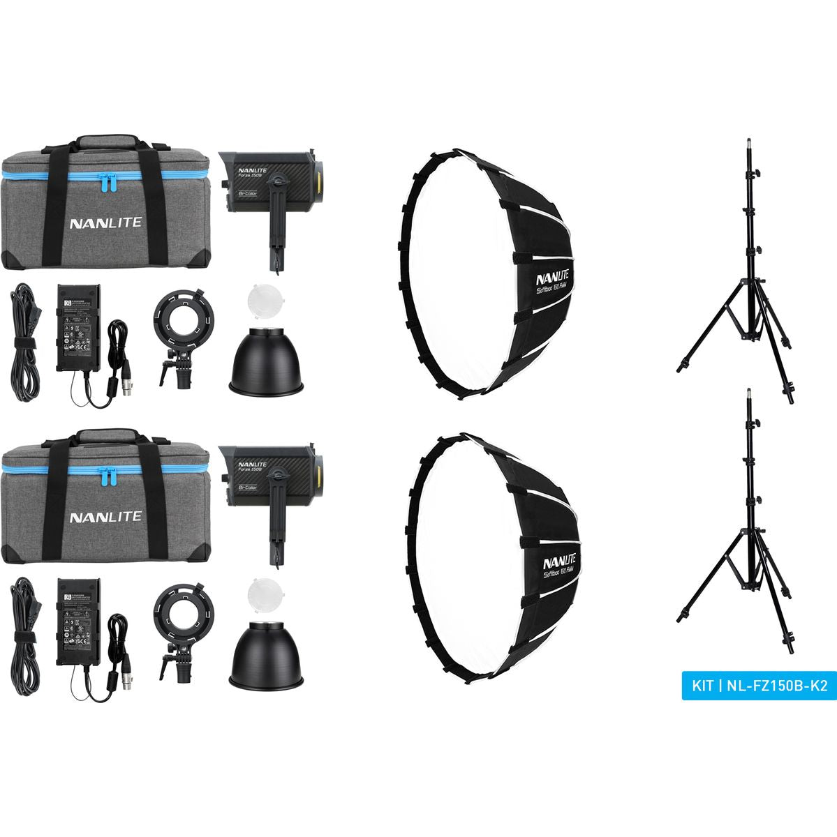 Kit 2 lampes LED Nanlite Forza 150B, vue d'ensemble avec pieds et softbox