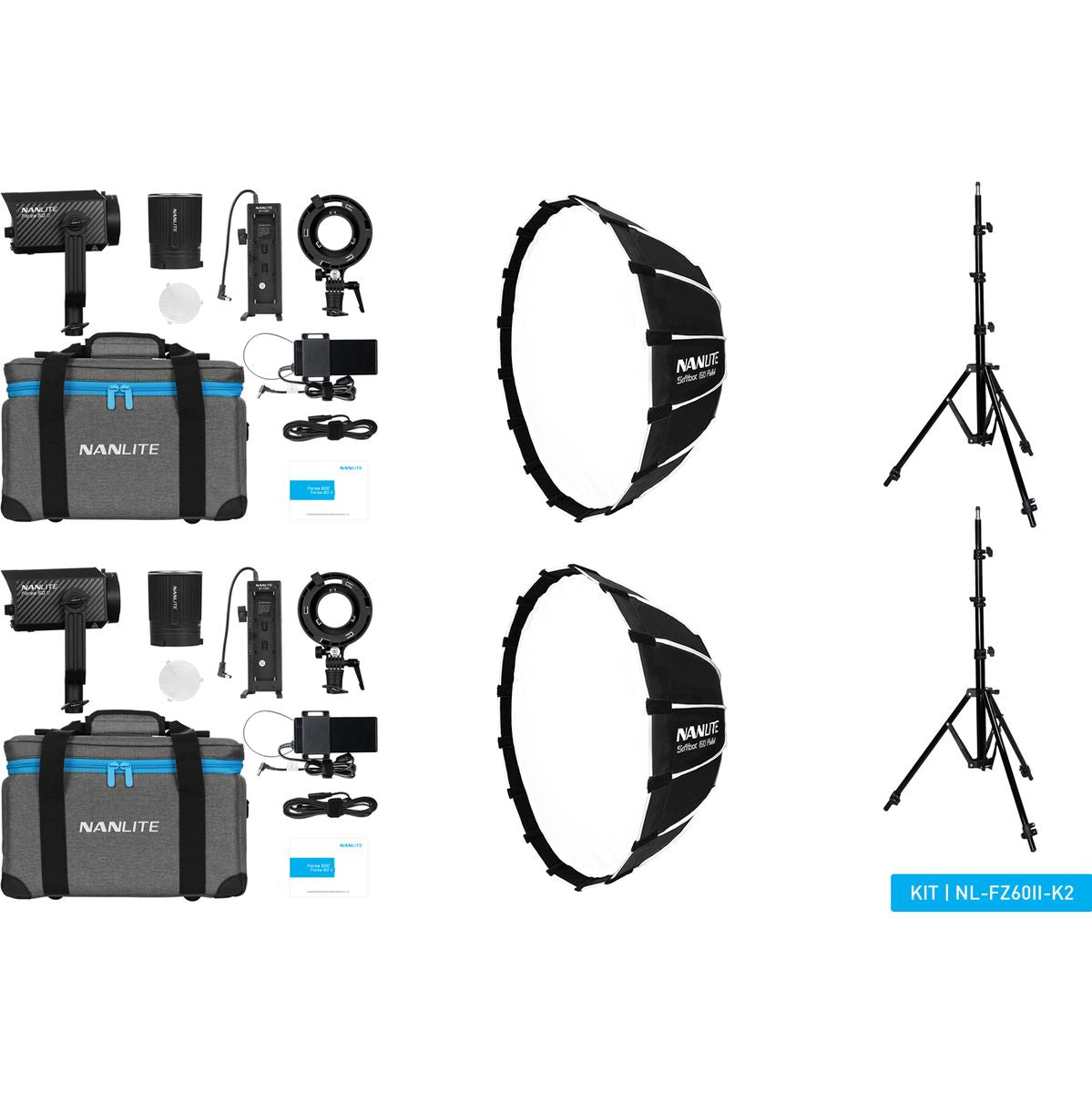 Kit 2 lampes LED Nanlite Forza 60 II Daylight, vue d'ensemble avec pieds et softbox