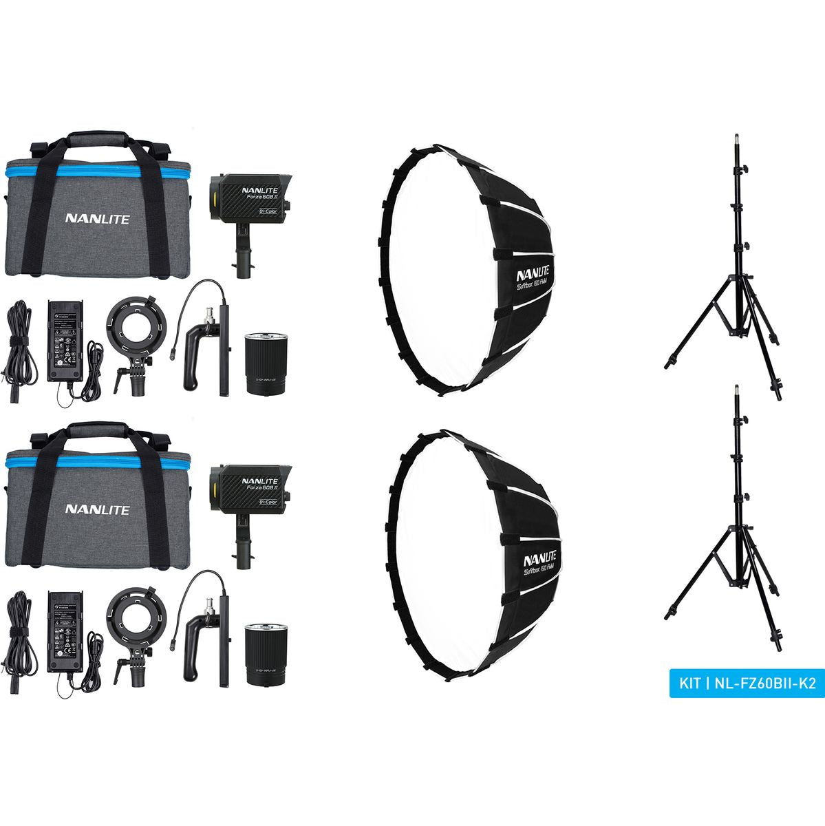 Kit 2 lampes LED Nanlite Forza 60B II, vue d'ensemble avec pieds et softbox