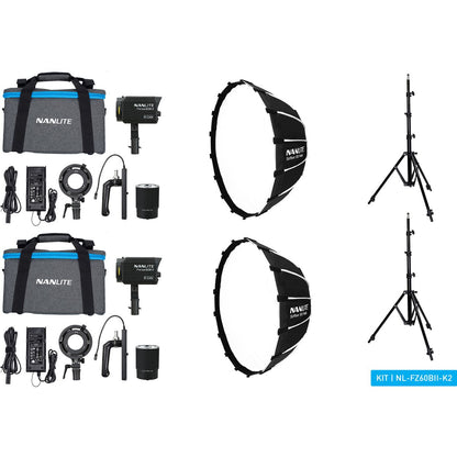 Kit 2 lampes LED Nanlite Forza 60B II, vue d'ensemble avec pieds et softbox
