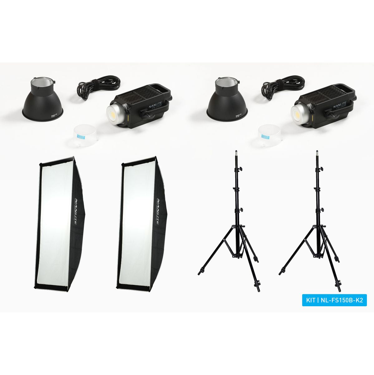 Contenu du kit Nanlite FS-150B : 2 lampes, 2 réflecteurs, 2 softbox bandes et 2 pieds