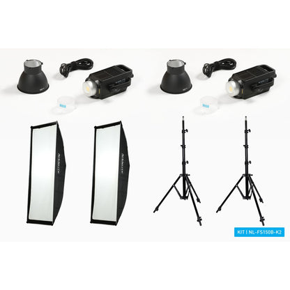 Contenu du kit Nanlite FS-150B : 2 lampes, 2 réflecteurs, 2 softbox bandes et 2 pieds