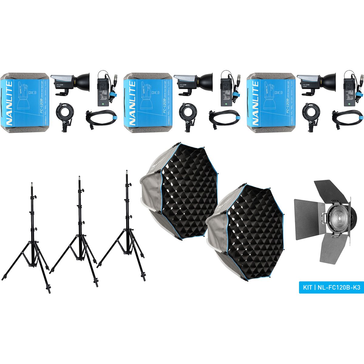 Kit 3 lampes LED Nanlite FC-120B, vue d'ensemble avec pieds et softbox
