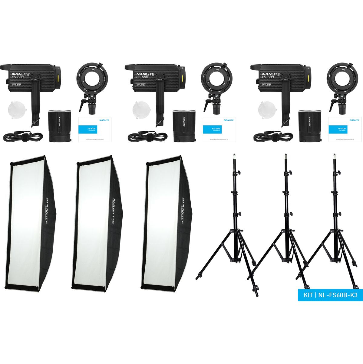 Kit 3 lampes LED Nanlite FS-60B, vue d'ensemble avec pieds et softbox