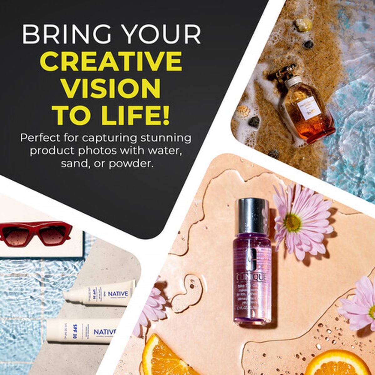 Exemples de photos produit réalisées avec l'Aqua Tray, dans l'eau et sur le sable