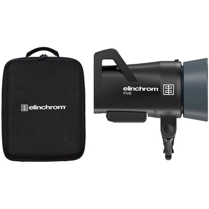 Kit flash portable Elinchrom FIVE : flash de profil avec réflecteur gris à côté de sa valise de transport noire