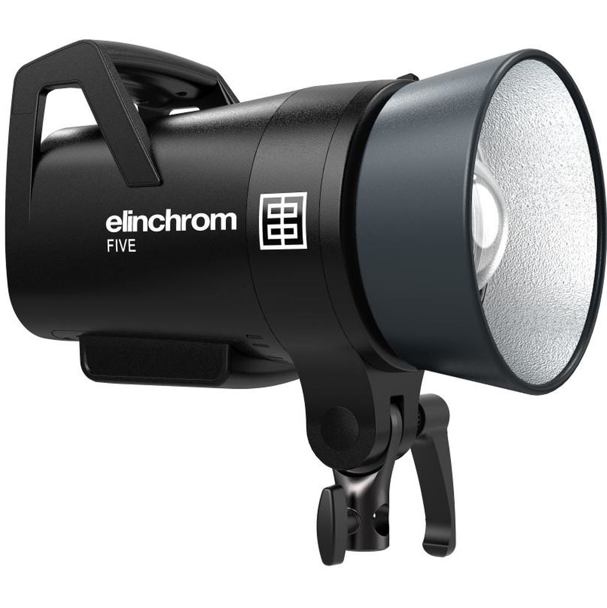 Flash portable Elinchrom FIVE de trois quarts avant droit avec réflecteur gris et étrier inclinable