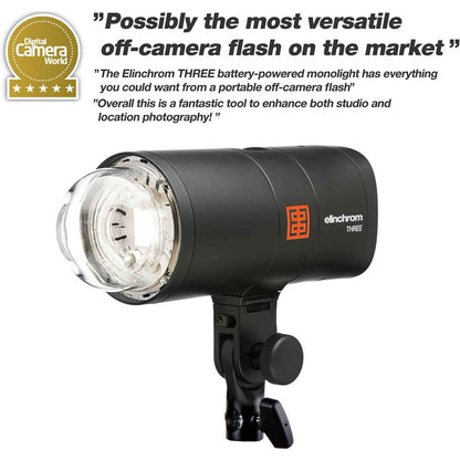 Flash portable Elinchrom THREE avec dôme transparent et avis cinq étoiles de Digital Camera World en anglais