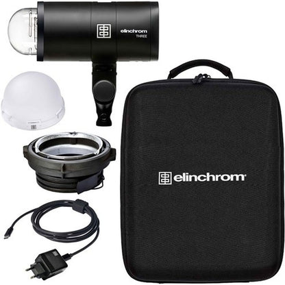 Kit flash portable Elinchrom THREE : flash, dôme de diffusion, OCF Adapter, chargeur USB-C et étui de transport