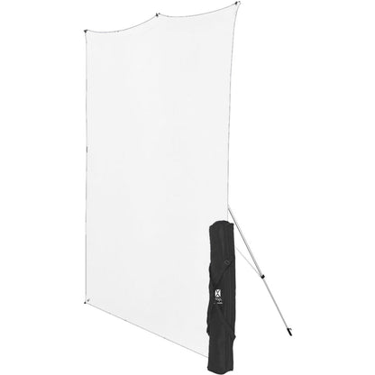Kit Fond Photo Westcott X-Drop + Support 1,5 x 2,1 m, coloris blanc, vue de trois quarts avec le support et son sac 