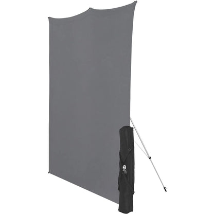 Kit Fond Photo Westcott X-Drop + Support 1,5 x 2,1 m, coloris gris, vue de trois quarts avec le support et son sac 