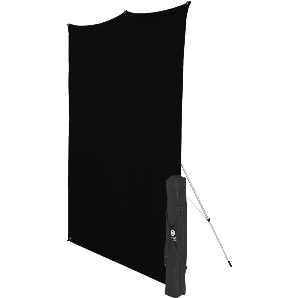 Kit Fond Photo Westcott X-Drop + Support 1,5 x 2,1 m, coloris noir, vue de trois quarts avec le support et son sac 