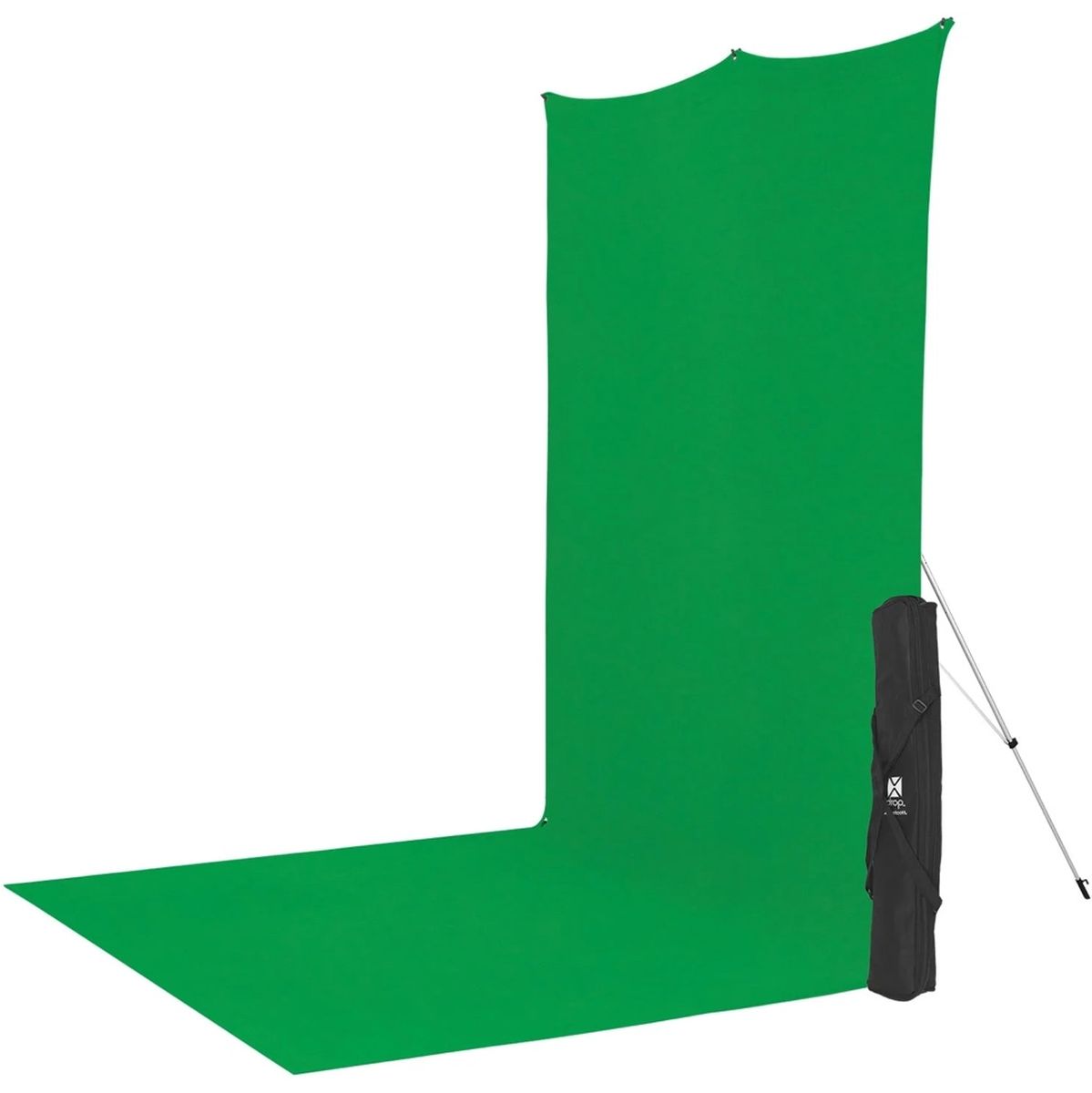 Kit Fond Photo Westcott X-Drop Sweep + Support 1,5 x 3,7 m, coloris vert chroma key, vue de trois quarts avec le support et son sac 