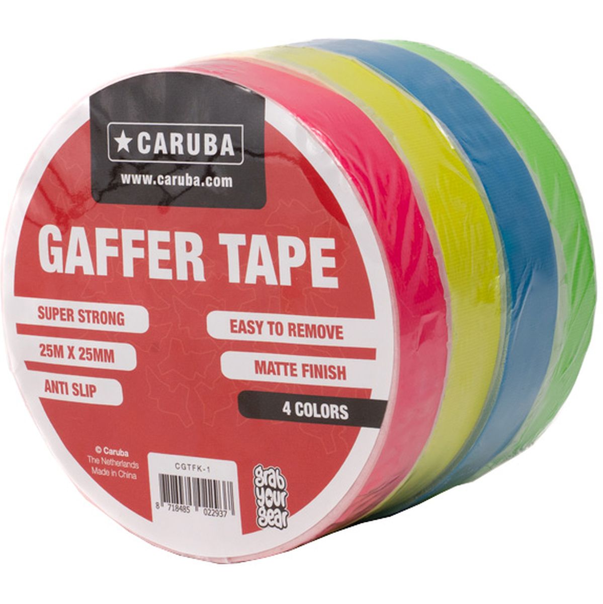 Kit gaffer fluo Caruba sous film, étiquette 25 m x 25 mm 4 colors devant les rouleaux rose, jaune, bleu et vert