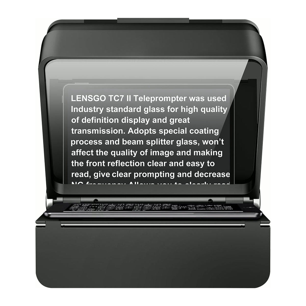 Téléprompteur Lensgo TC7II vu de face, texte lisible reflété sur le verre séparateur