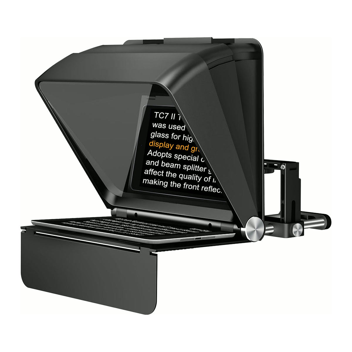 Kit téléprompteur Lensgo TC7II Ultimate déplié, texte affiché sur le verre et rail de montage caméra
