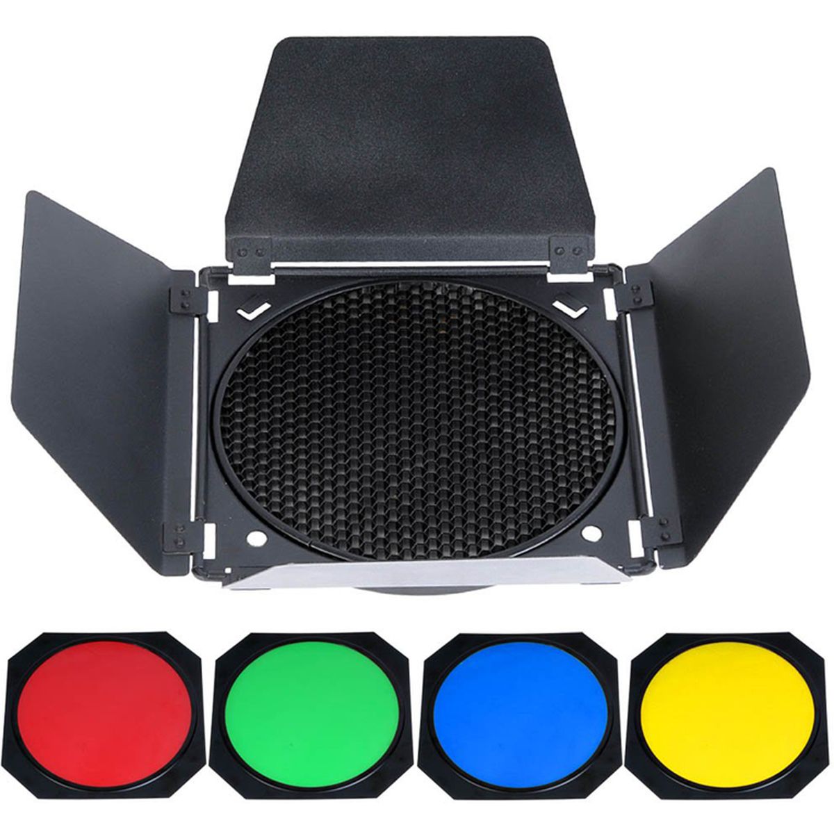 Kit volets Godox BD-04 ouverts avec grille nid d'abeille et quatre filtres rouge, vert, bleu et jaune