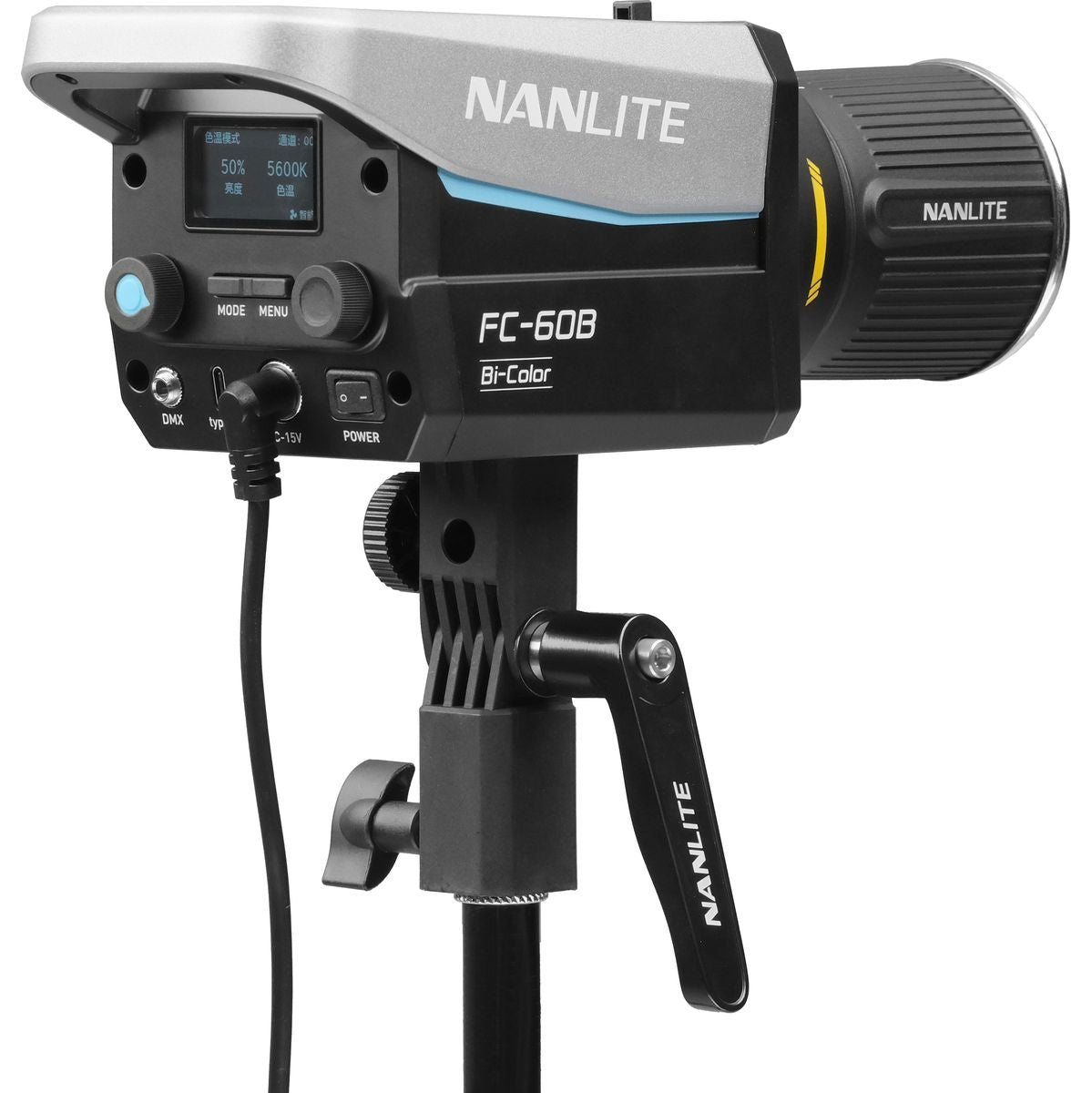 Écran de la Nanlite FC-60B affichant 5600 K à 50 % de puissance