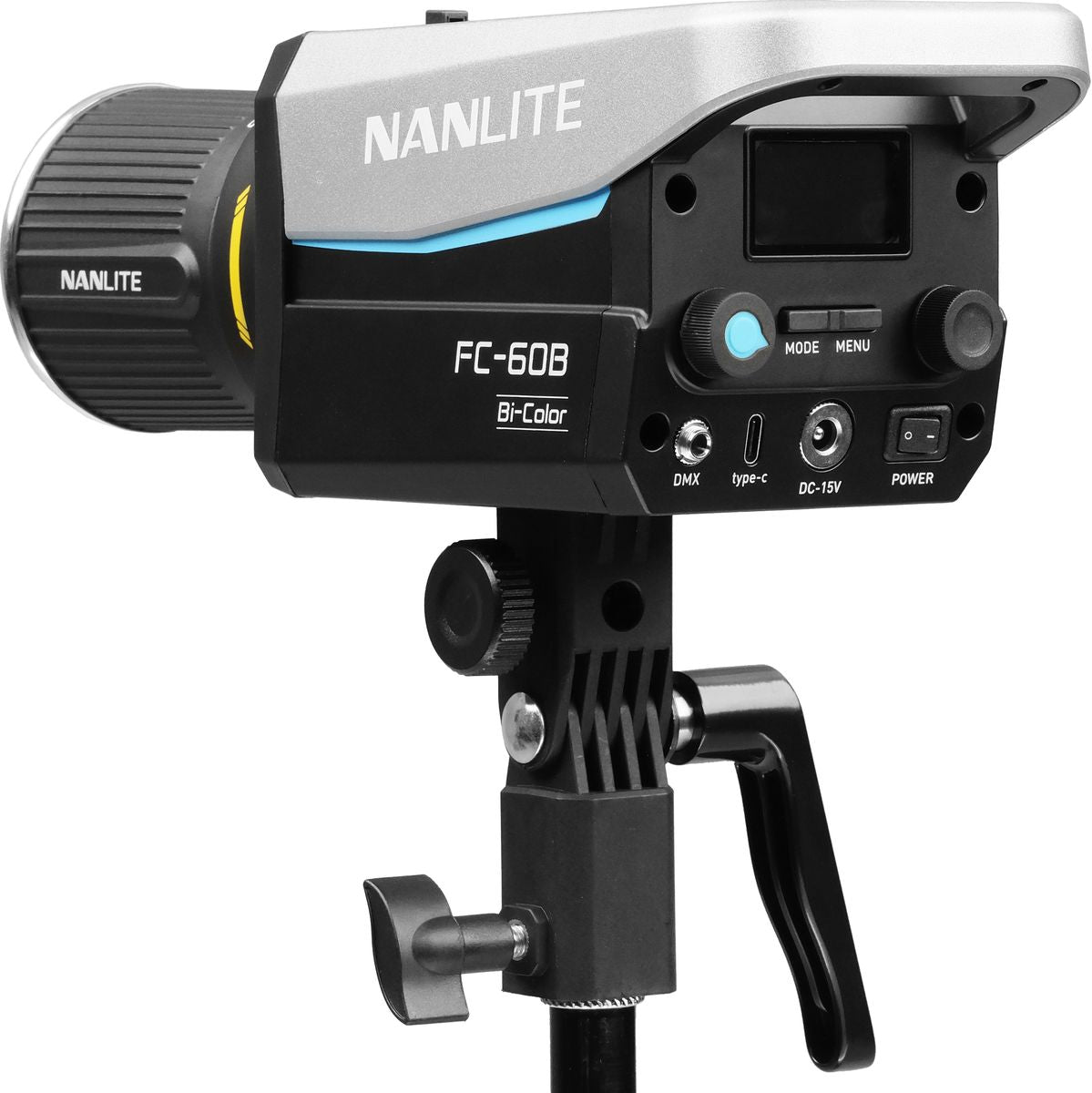 Lampe LED Nanlite FC-60B de trois quarts arrière, écran et molettes de réglage