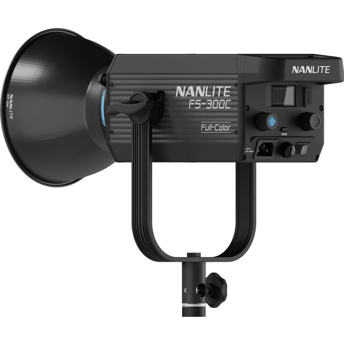 Lampe LED Nanlite FS-300C RGB de trois quarts avec son réflecteur