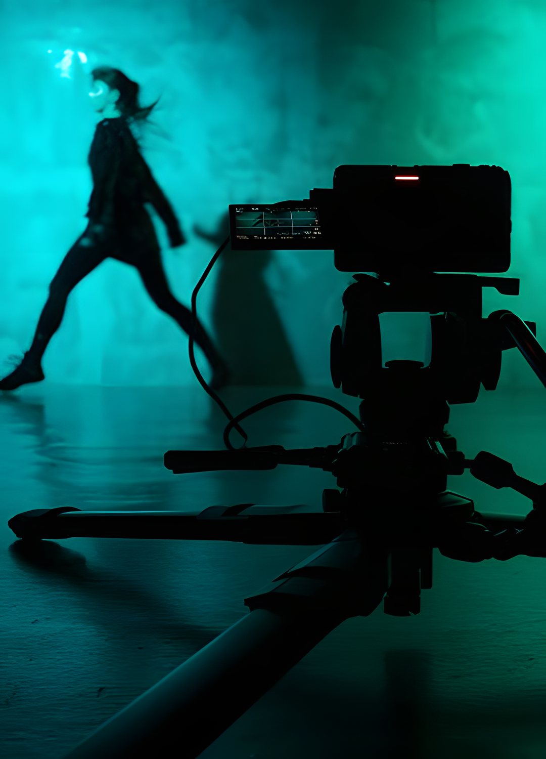 Danseuse en mouvement filmée en studio sous lumière verte, caméra sur trépied Manfrotto au premier plan