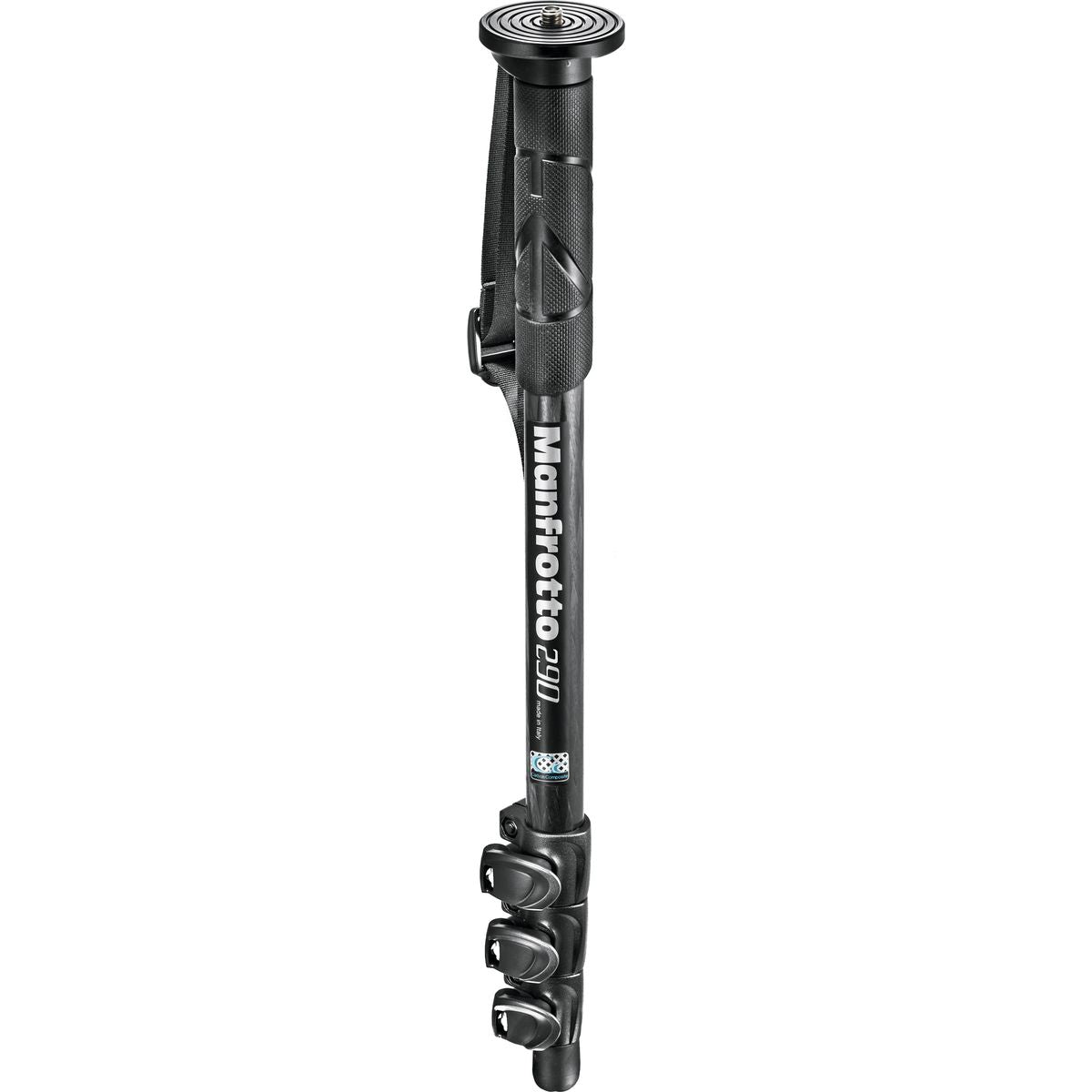 Monopode carbone Manfrotto 290 replié avec sa poignée caoutchouc, sa dragonne et ses quatre verrous à levier