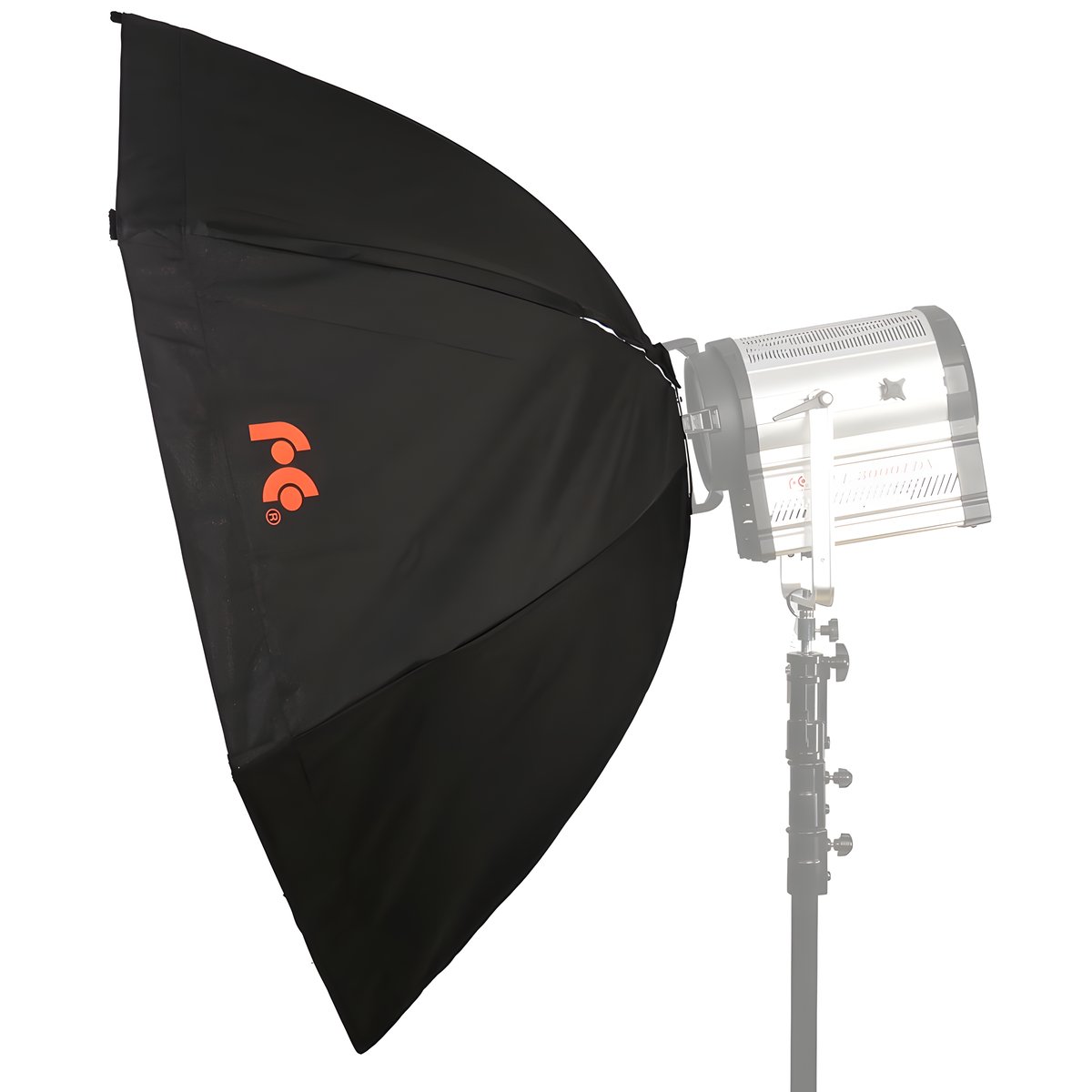 Octabox Falcon Eyes SR-SBQH1000 montée sur une lampe Fresnel, vue de profil