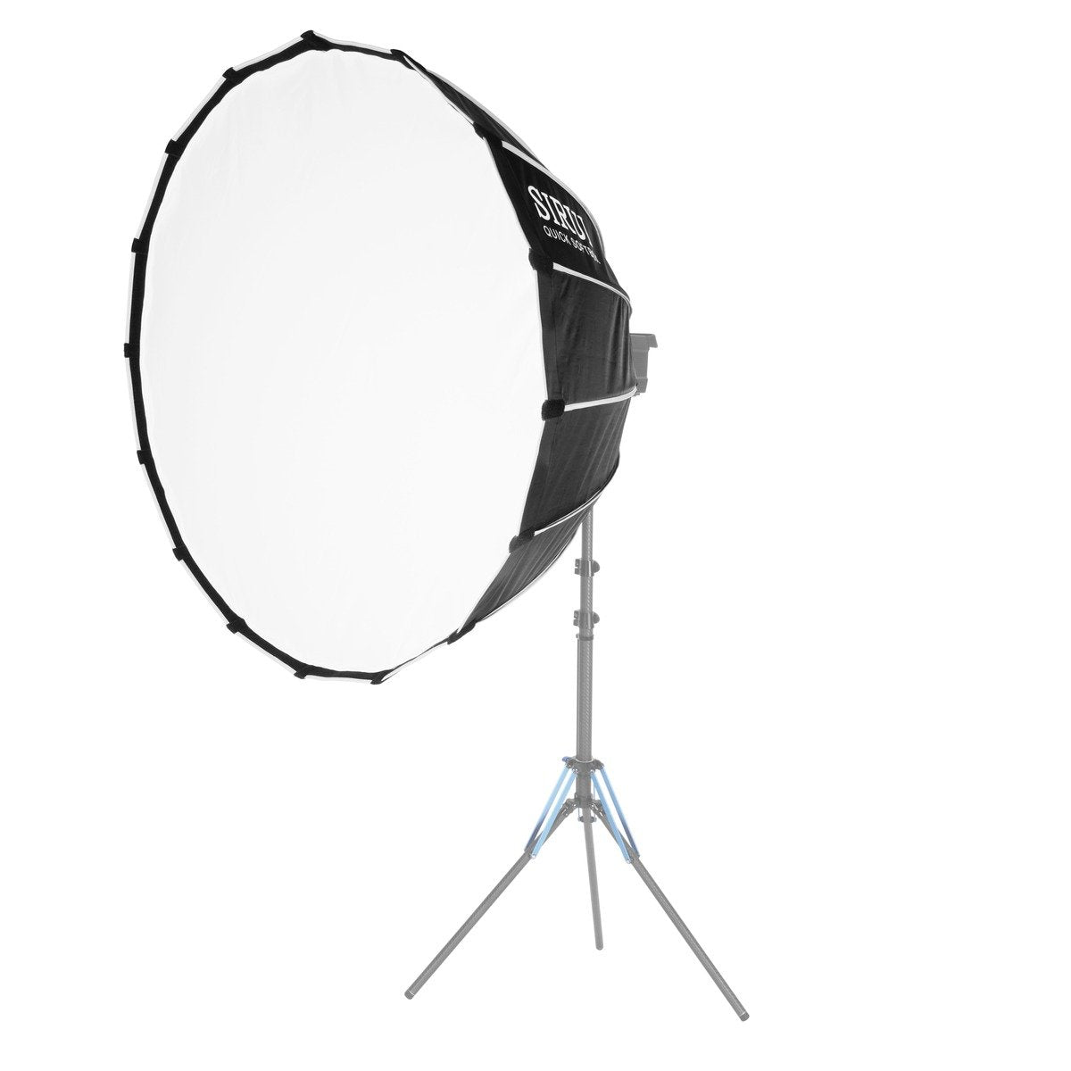 Octabox profonde pliable Sirui QR-DP montée sur une lampe et un pied, diffuseur avant blanc
