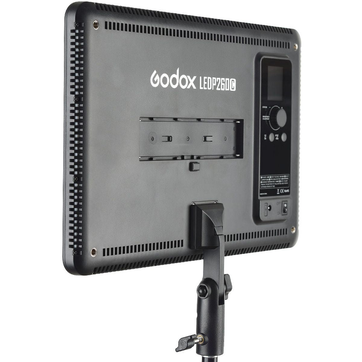 Dos du panneau LED Godox LEDP260C, écran LCD, molette de réglage et logement de batterie NP-F