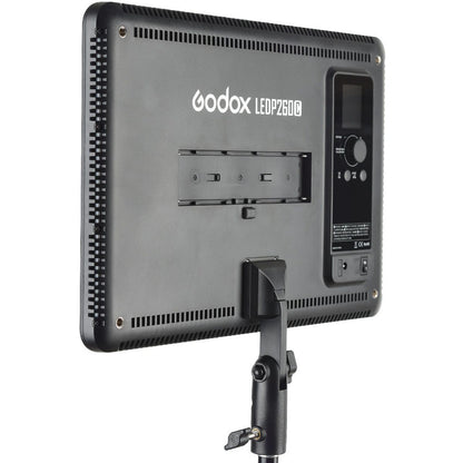 Dos du panneau LED Godox LEDP260C, écran LCD, molette de réglage et logement de batterie NP-F