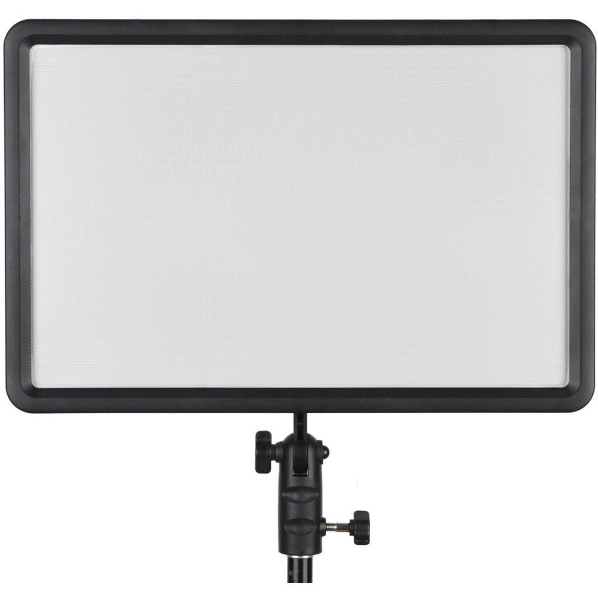Panneau LED Godox LEDP260C vu de face, surface diffusante blanche montée sur sa poignée de pied