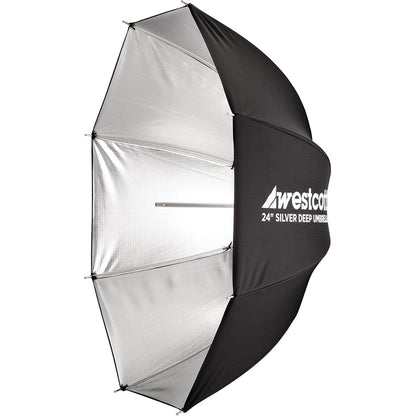Parapluie profond Westcott 24 pouces argent de profil, dos noir au logo Westcott 