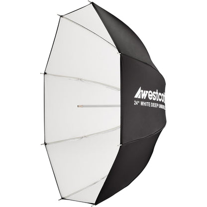 Parapluie profond Westcott 24 pouces blanc de profil, dos noir au logo Westcott 