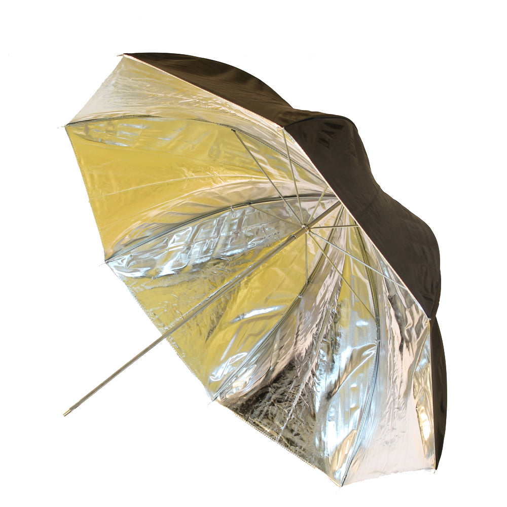 Parapluie réflecteur Falcon Eyes UR-32SB1 ouvert, intérieur argent et dos noir 