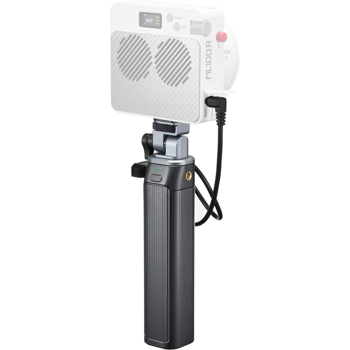 Poignée batterie Godox BG02 alimentant une LED ML100R fixée sur sa tête