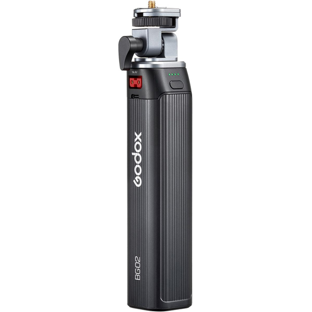 Poignée batterie Godox BG02 debout, tête inclinable, sortie D-Tap rouge et témoins de charge