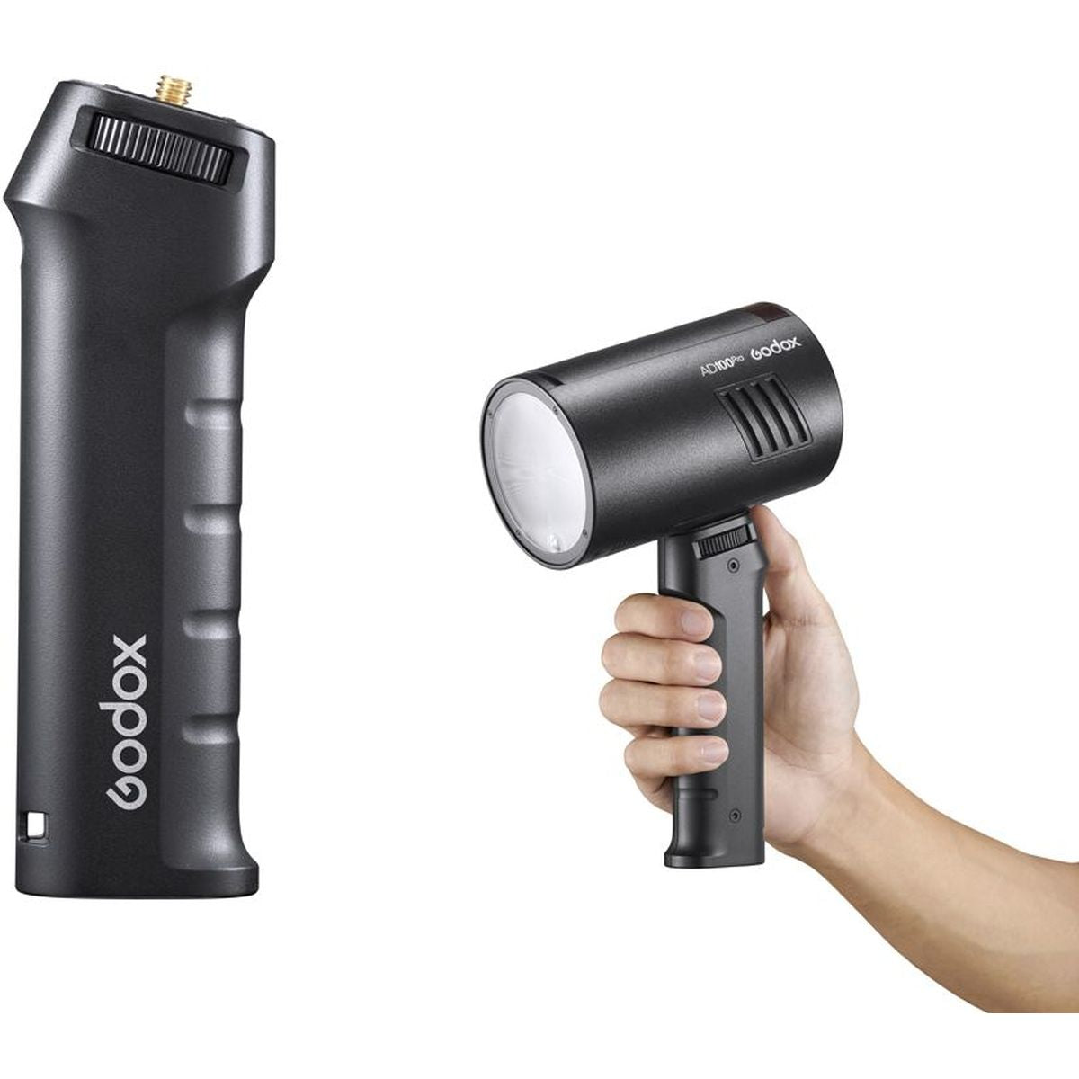Poignée flash Godox FG-100 seule et tenue en main avec un flash AD100Pro
