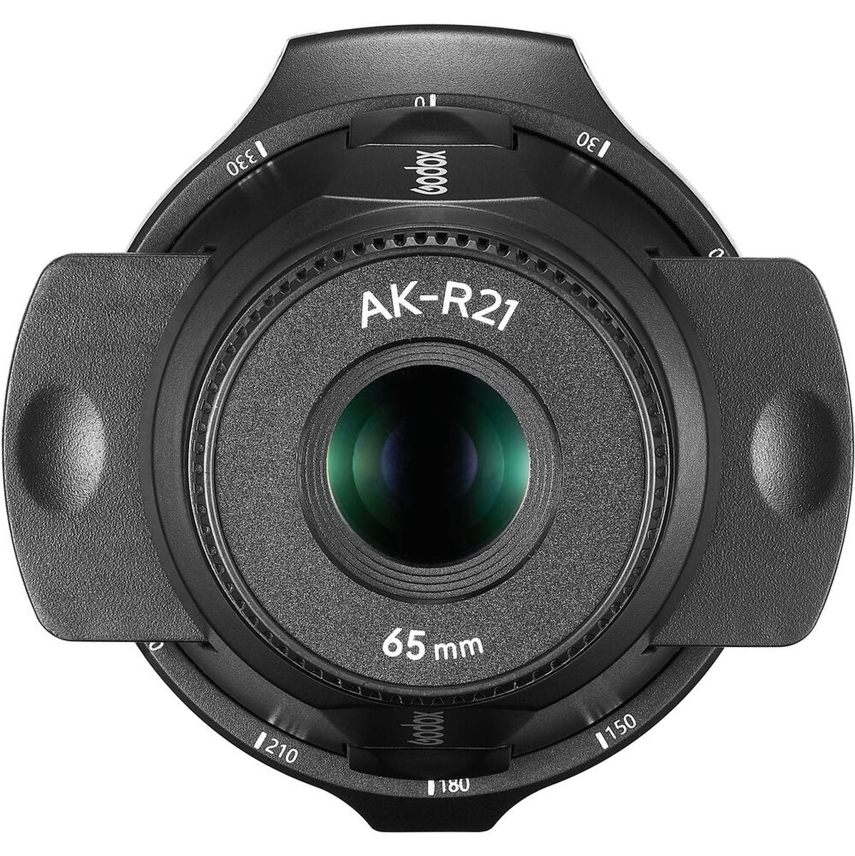 Projecteur Godox AK-R21 vu de face, objectif 65 mm au centre et graduations en degrés