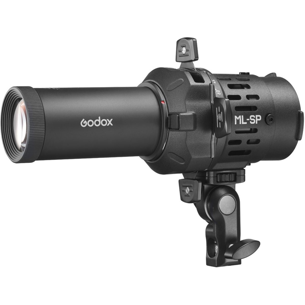 Projecteur Godox ML-SP objectif 19° sur rotule, vue de trois quarts sans lampe 
