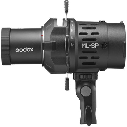Projecteur Godox ML-SP objectif 36° de profil, bague graduée et deux couteaux sortis 