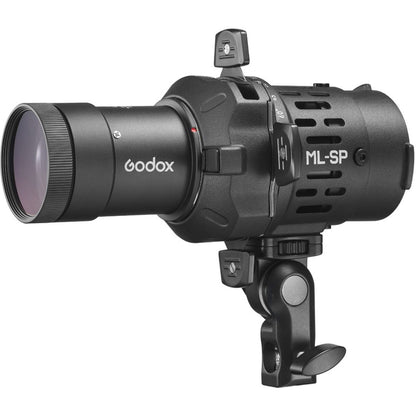 Projecteur Godox ML-SP objectif 50° sur rotule, vue de trois quarts sans lampe 