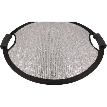 Réflecteur anti-vent Caruba 110 cm posé à plat, surface argent et poignées noires 
